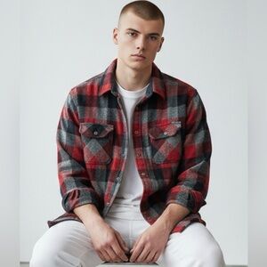 VTG 70s Campus American Action Gear Wool Buffalo Plaid Red Black Shirt Jacket L